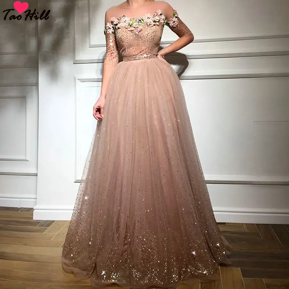 

TaoHill Elegant Dress Women for Wedding Party A-line O-neck Dark Champagne Flower Applique Three Quarter Sleeve Evening Dress