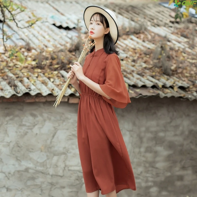 Red Chiffon Vintage Dress 2018 Retro Frogs Button Long Dress Women