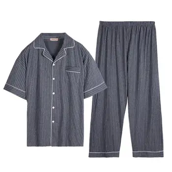 

Free Shipping 2019 Men's Plus Size Short Sleeve Turn-down Collar Sleepwear Set Soft 100% Cotton Pajamas Nightgown Homewear 5XL