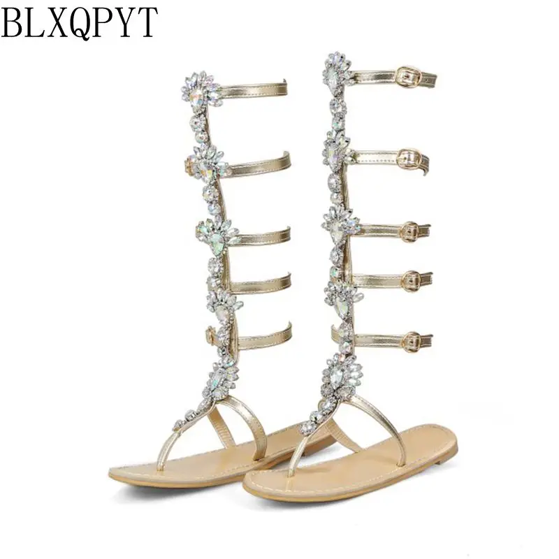 

BLXQPYT Plus Size 50 tenis feminino Sandals Shoes woman Rhinestones Chains Thong Gladiator Flat Sandals Crystal Chaussure 238-1