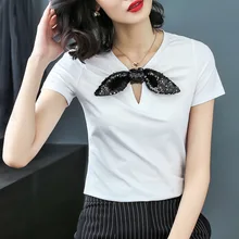 Американский стиль, новинка, летние Для женщин высокое уличный стиль свободные сексуальный v-образный вырез с бантом, короткий рукав, состоящие из однотонной футболки рубашка, топы женские элегантные футболки для девочек Лидер продаж