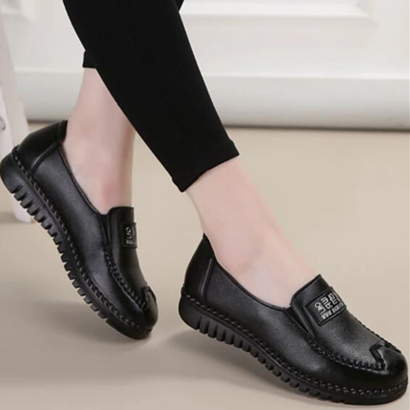 

Women Mother Flat Loafers Genuine Split Leather Shallow Round Toe Black Ballet Female Sewing Slip on Ladies Shoes Zapatos Mujer