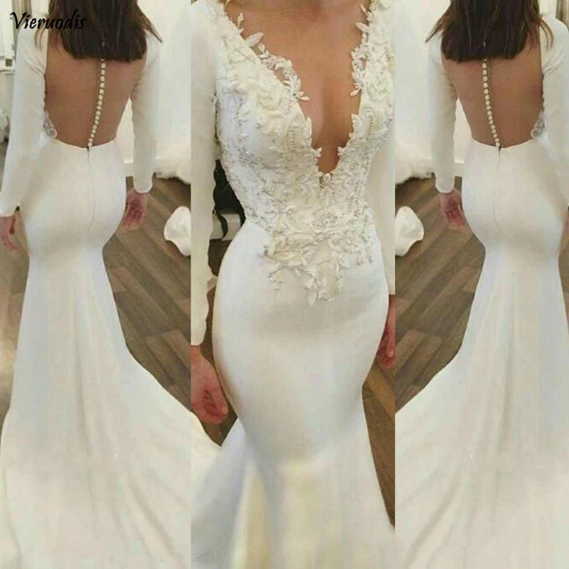 

Deep V Neck Mermaid plus size Prom Dresses Custom Long Sleeves Lace Applique Open Back Party Gowns vestidos de fiesta