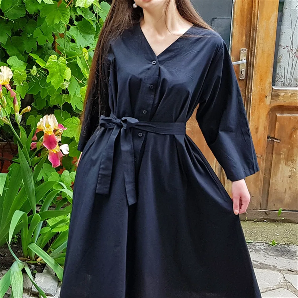 Винтажное Женское Платье черное с v образным вырезом весеннее хлопковое Vestidos