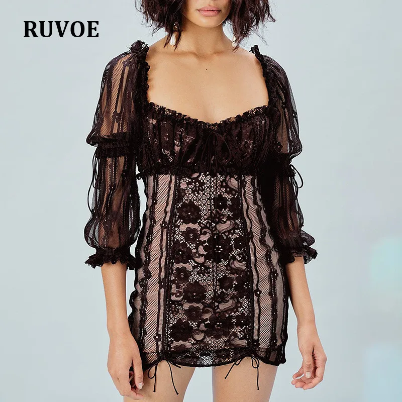 

New Floral White Black Lace Dresses Spring Long Sleeve Lace Up Mini Sexy Dress Women Pencil Bodycon Party Dress Vestidos BKZ-103
