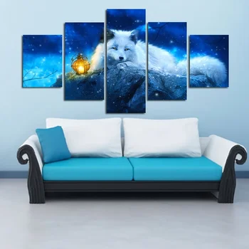 

5PCS White Fox and Lantern Fantasy Fairy Canvas Prints Wall Art Decor HD Print Pictures for Home Living Room Decor