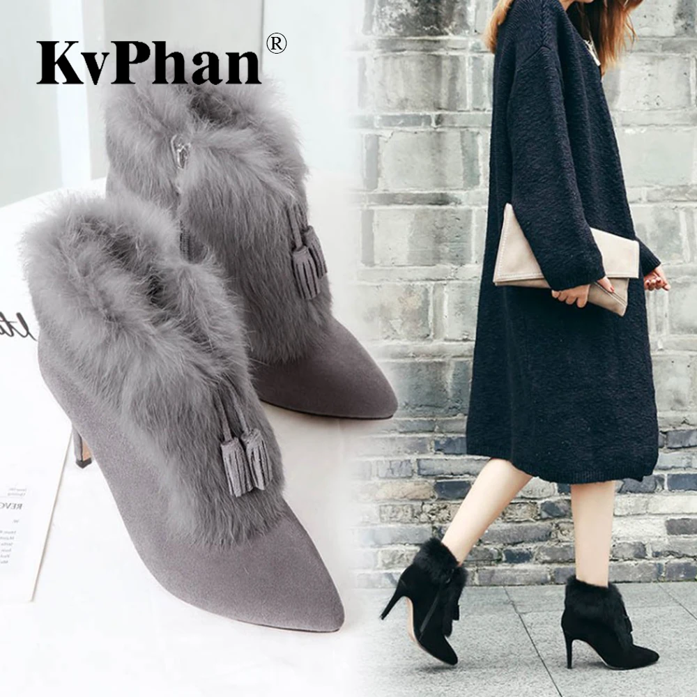 

Winter Lady's Shoes KvPhan Cow Suede Pom-pom Style High Quality Red Sole Zip Ankle Boots New Arrival High Heel Boots for Woman