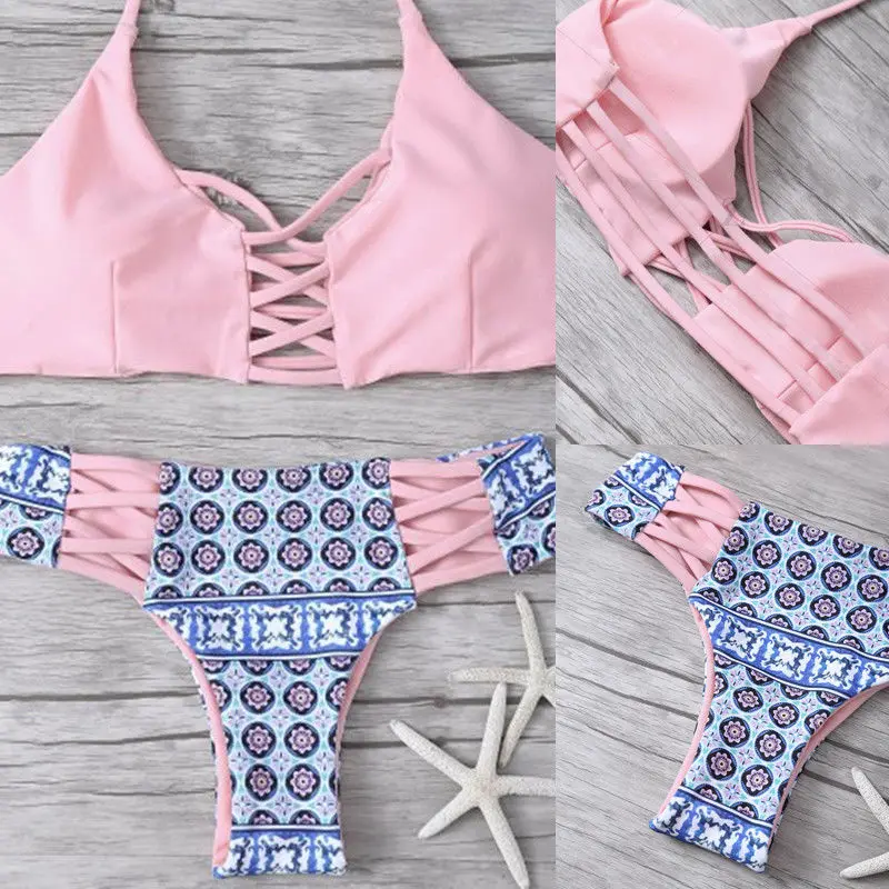 Sexy Women Bandage Bikini Bra Push Up Tops Brazilian Thongs Bottoms