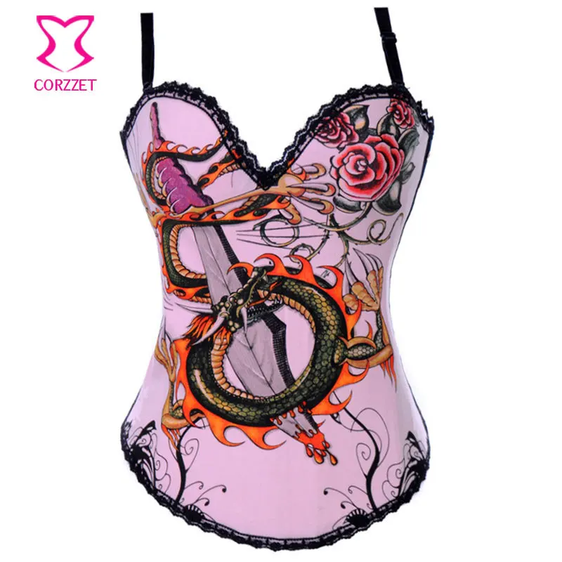 

Corzzet Pink Cotton Dragon Floral Pattern Camisole Overbust Corset Strap Wait slimming Party Clubwear Corselet Gothic Clothing
