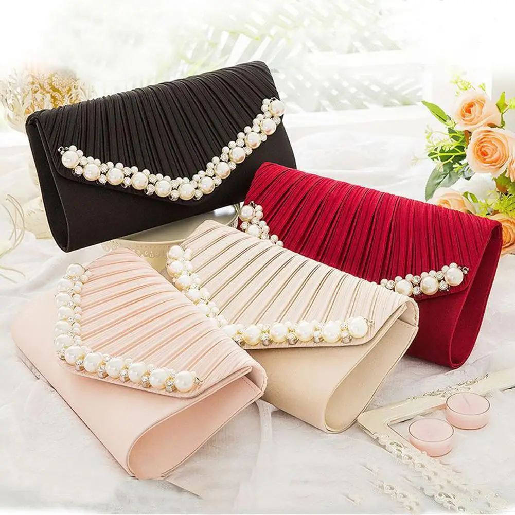 

Women's Clutch Bag Pleated Imitation Pearl Rhinestone Female Chain Bag Sweet Girl Style Party Shoulder Messenger Bag