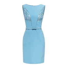 New 2016 Luxury Women Sequins Blue Dress Fashion O-Neck Sheath Work Dresses With Belt