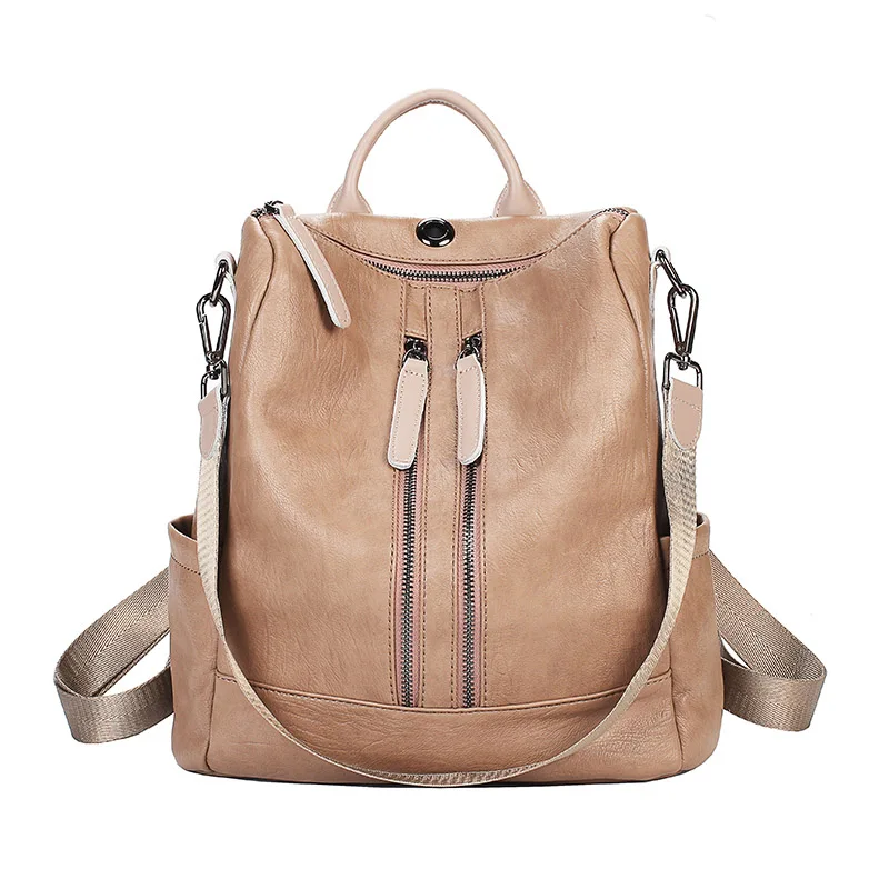 Double Zipper Khaki Женский рюкзак mochila feminina, повседневный многофункциональный женский кожаный рюкзак, женская сумка через плечо, сумка для путешествий - Цвет: Double Zipper Khaki