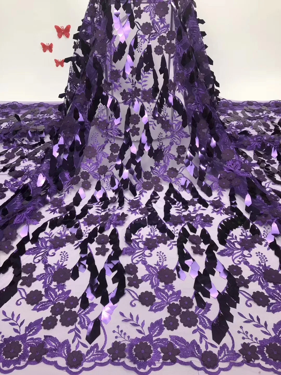 

Beautifical 3d lace fabrics New arrival purple net lace sequins fabric Latest exquisite 3d flowers nigerian lace fabric ML1N897