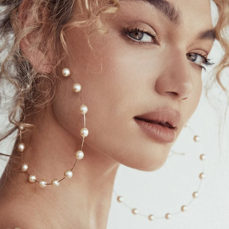 

Boho White Imitation Pearl Round Circle Hoop Earrings Women Gold Color Big Earing Korean Jewelry Brincos Statement Earrings
