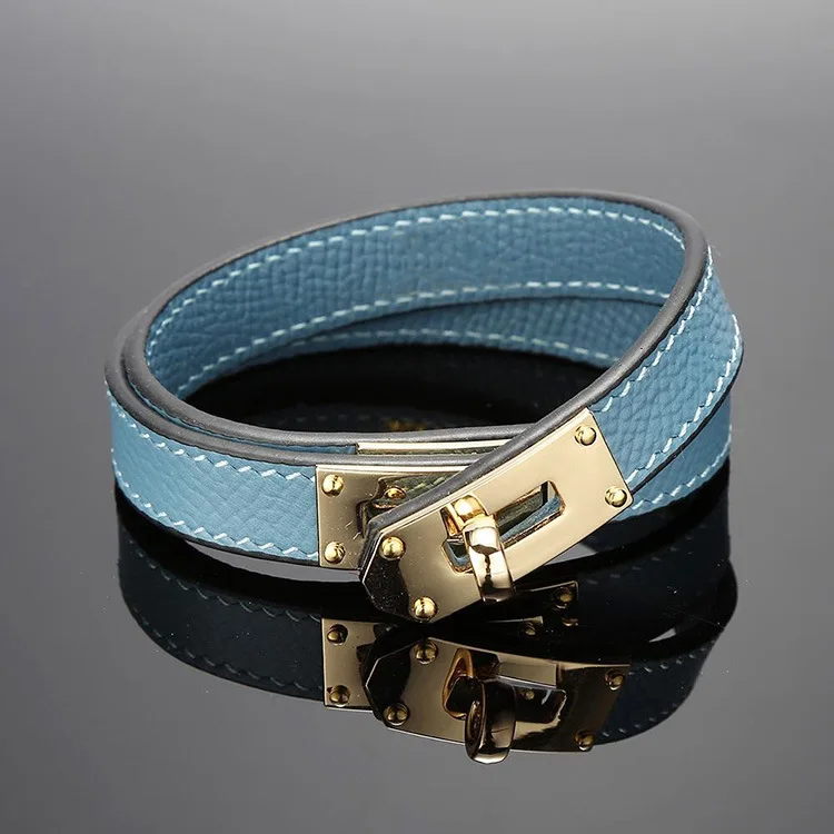 

Hot Brand Stainless Steel Double layer Bangle Blue Yellow Red Green Color Real Cowhide Leather Bracelets For Women(DJ1312)