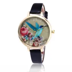Летящая птица с цветочным узором дамы кожаный ремешок Кварцевые часы для женщин смотреть женщин Романтический наручные часы платье