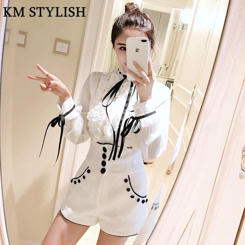 2018 Early Autumn New Bow Tie Stand Collar Lace Chiffon Long Sleeve Shirt + Lace Shorts Fashion Set Women's Sets
