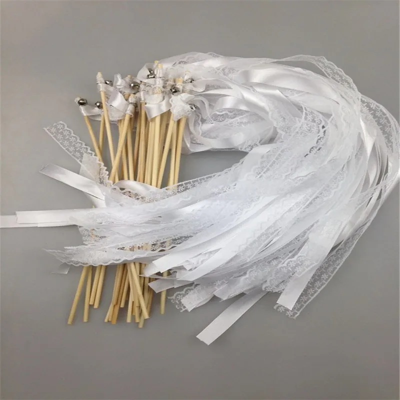 

30Pcs White Ribbon and Lace Fairy Stick Twirling Streamers Festival Party Favor Confetti Ribbon Wedding Sticks/Wands With Bells