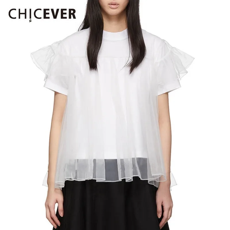 

CHICEVER Casual Patchwork Draped Mesh Women T Shirt O Neck Short Sleeve Oversized Tops Female Fashion Clothes 2019 Summer New