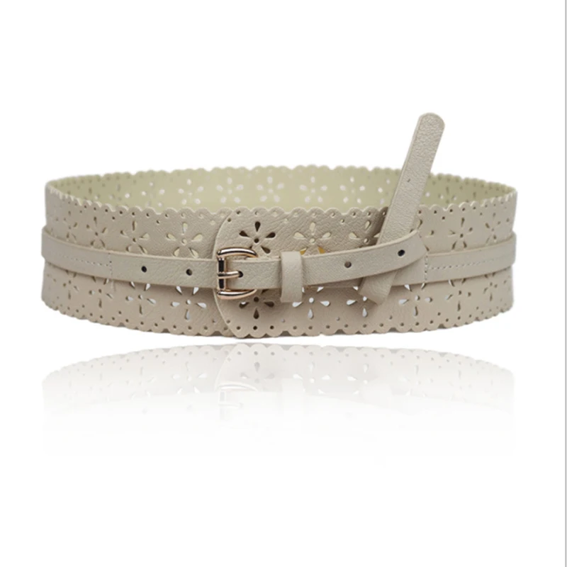 

Womens Women Belt PU Leather Lady Hollow Flower Wide Waist Wide Waistband Bind Wide Belts Dress Adornment