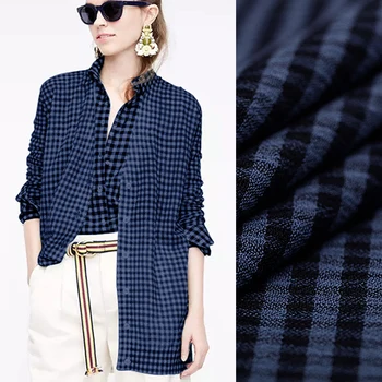 

128CM Wide 180G/M Weight Blue Check Print Linen & Ramie Fabric for Autumn and Spring Dress Coat Jacket E788
