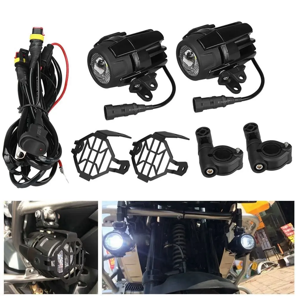 

High 40W Motorcycle Led Auxiliary Fog Light Kits Spot Driving Lamps with Protect Guards Wiring Harness for BMW R1200GS F800GS