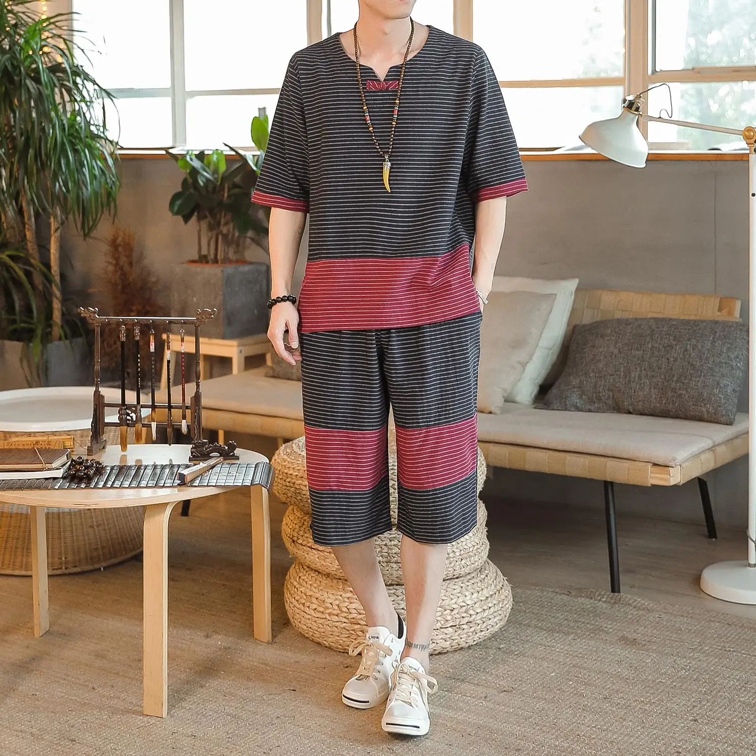 

Loldeal Summer Cotton Linen Chinese Striped Casual Two-piece Men's Jogging Suit