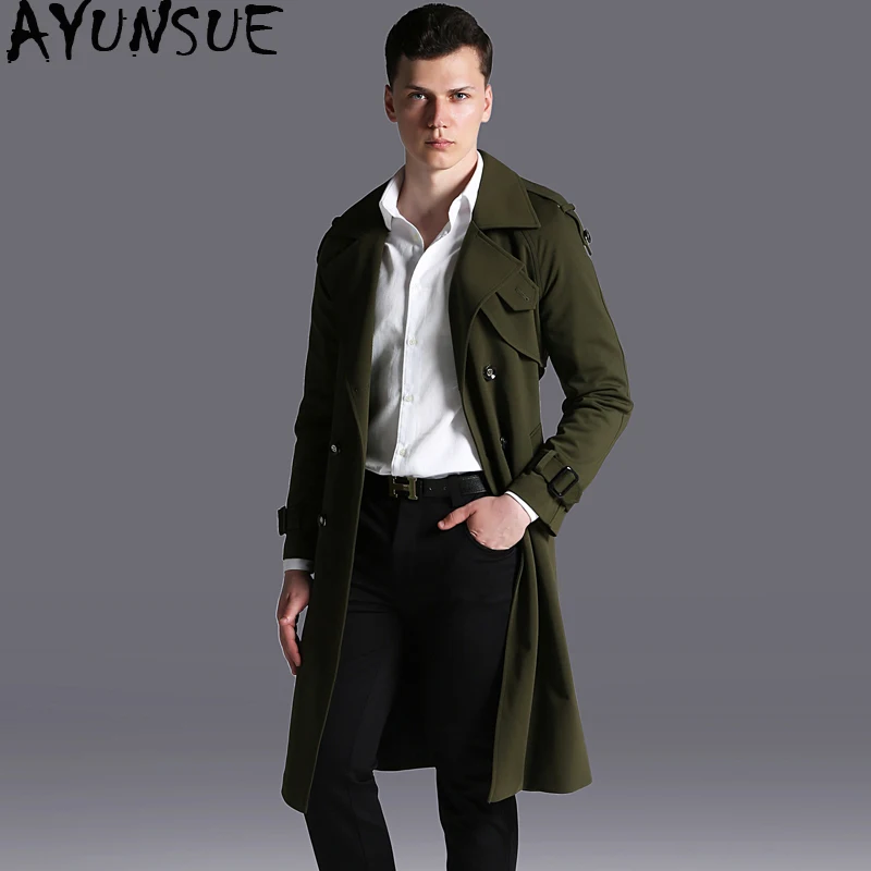 

AYUNSUE Men's Coat Long Windbreaker Plus Size Army Green Trench Coat Double-breasted Windbreakers For Men Abrigos Hombre KJ275