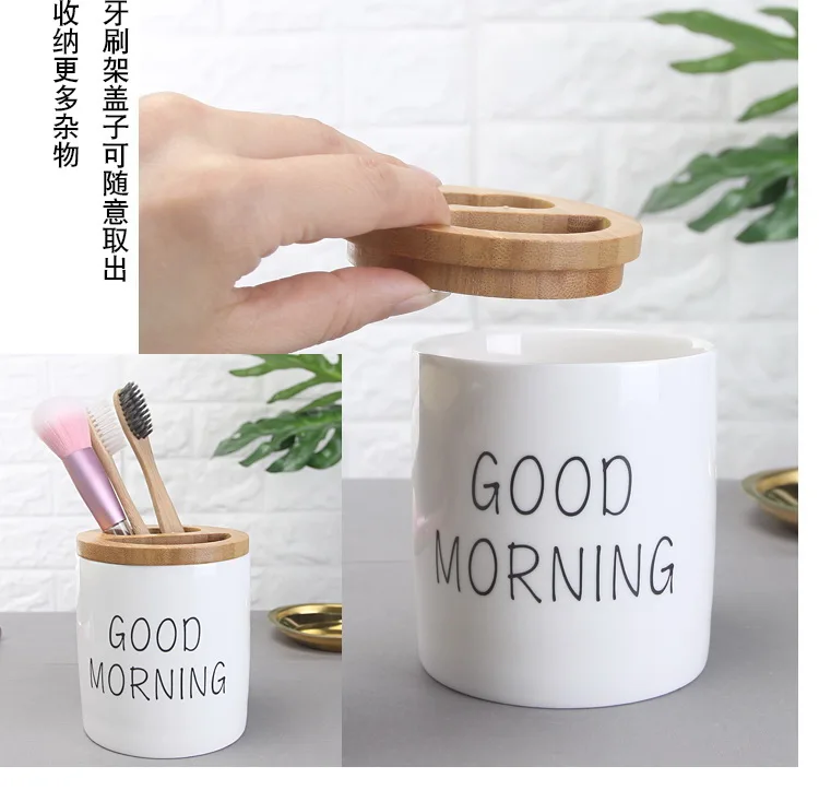 Модный милый керамический набор для ванной комнаты с бамбуковой рамой и буквами, высококачественный набор для мытья полоскания, зубная щетка, свадебные подарки