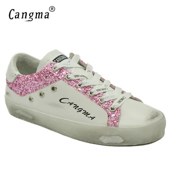 

CANGMA Super Star Womens Footwear White Sneakers Genuine Leather Casual Shoes For Woman Handmade Pink Glitter Flats Big Size