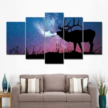 

Home Decor Living Room Modular Pictures 5 Piece/Pcs Deer Stag In Starry Night Framed Wall Art Painting HD Printed Canvas Poster