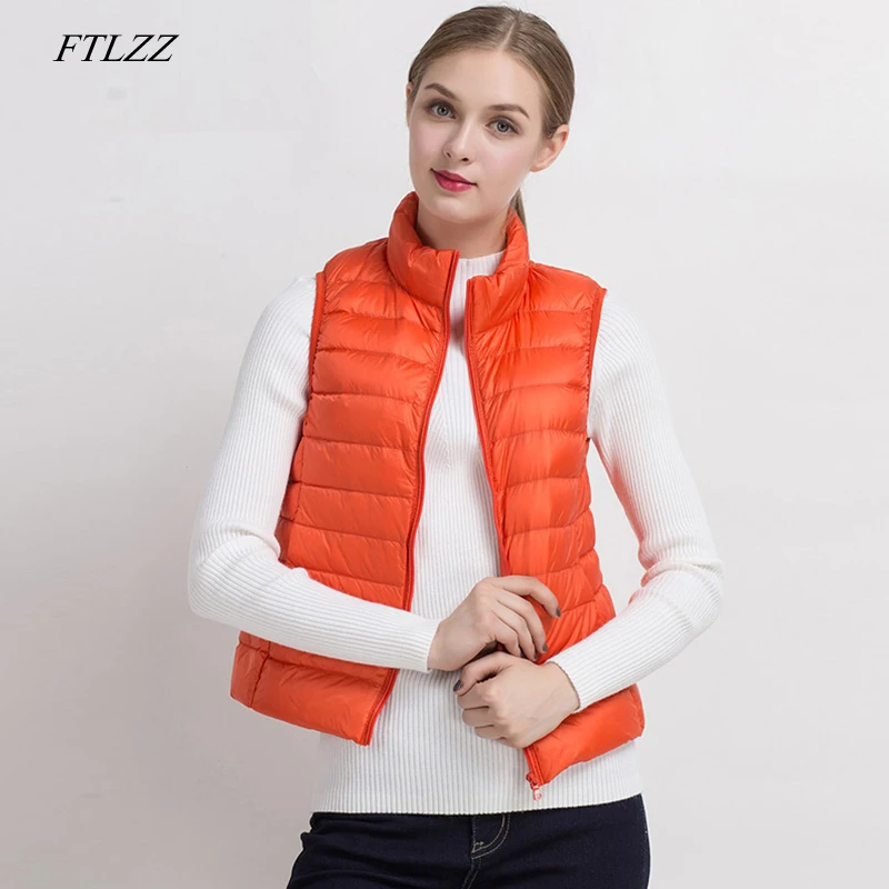 

FTLZZ Women Ultra Light 90% White Duck Down Vests Short Coat Spring Windproof Warm Waistcoat Female Slim Sleeveless Jacket