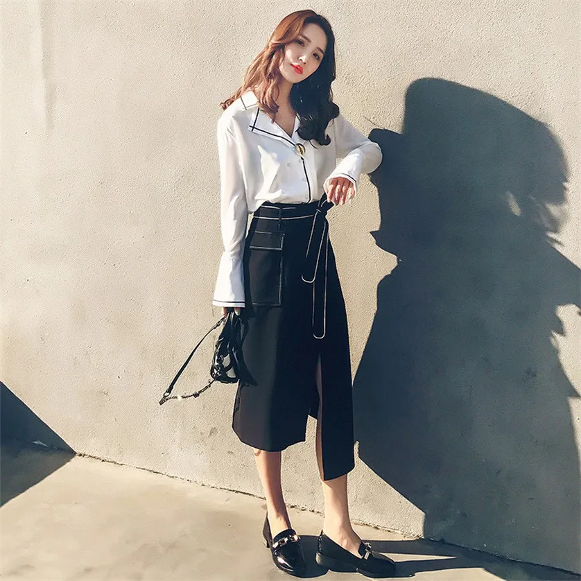 Modis Vrouw sets Lente herfst 2019 Nieuwe Koreaanse Sexy blouse vrouwen shirt tops + onregelmatige Split midi rok 2 twee-delige set vrouwen Modis Vrouw sets Lente herfst 2019 Nieuwe Koreaanse Sexy blouse vrouwen shirt tops + onregelmatige Split midi rok 2 twee-delige set vrouwen