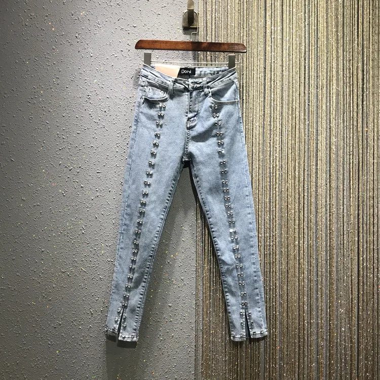 

2019 High Waist Nail Bead Straight Denim Trousers Spring and Summer Slim Open-forked Ankle Length Jeans Women