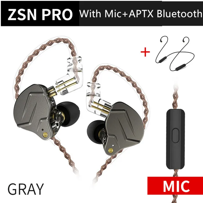 KZ ZSN Pro наушники в ухо гибридная технология 1BA+ 1DD HIFI бас металлические наушники Bluetooth Спорт шумоподавление Гарнитура монитор - Цвет: Gray Mic Bluetooth