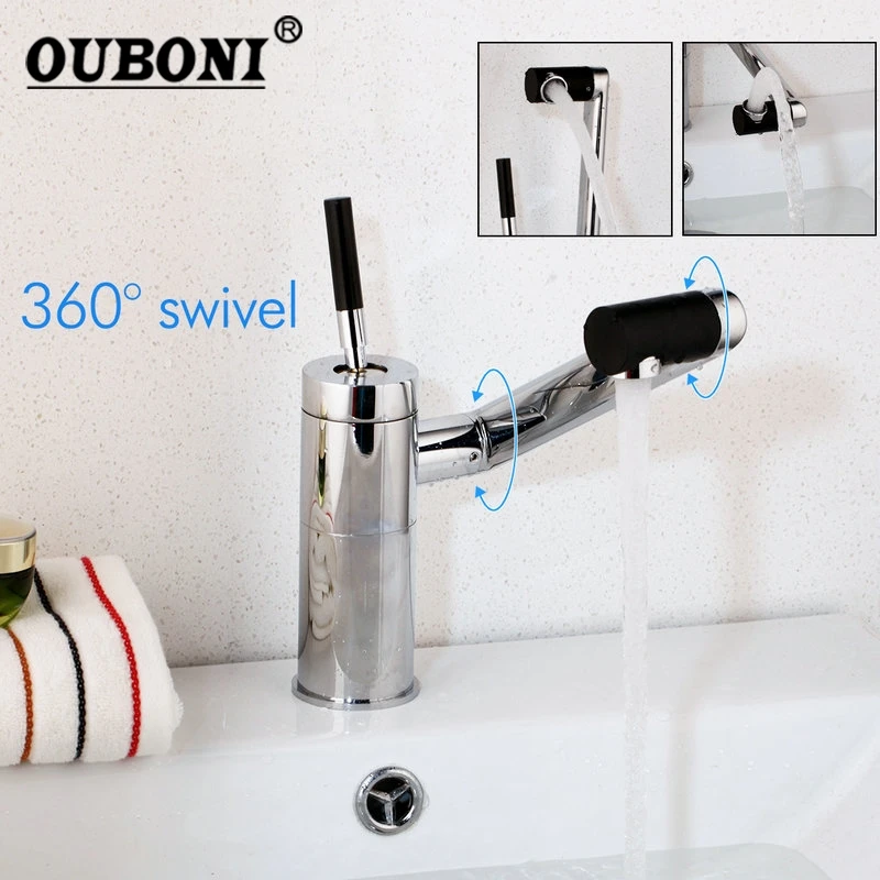 OUBONI All Around Rotate Chrome Bathroom Faucet Kitchen Faucets Deck Mounted Swivel 360 Rotated Single Handle Faucet Mixer Tap