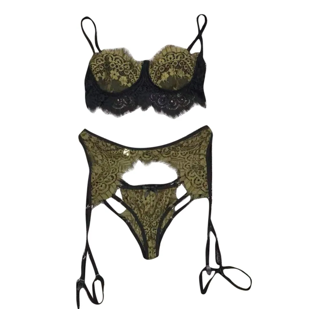 

3 styles 3Pcs Lingerie bra+set Women Lace Sexy Straps Panty Garter bandage Solid Transparent Bow Polyester Underwear Set F300212