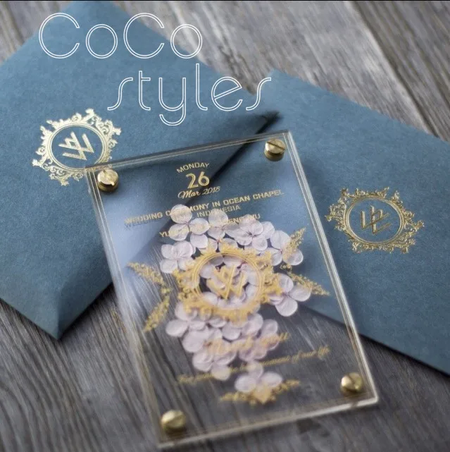  Cocostyles personalized lucid acrylic invitation card with gold engraving design for garden wedding - 32869580836