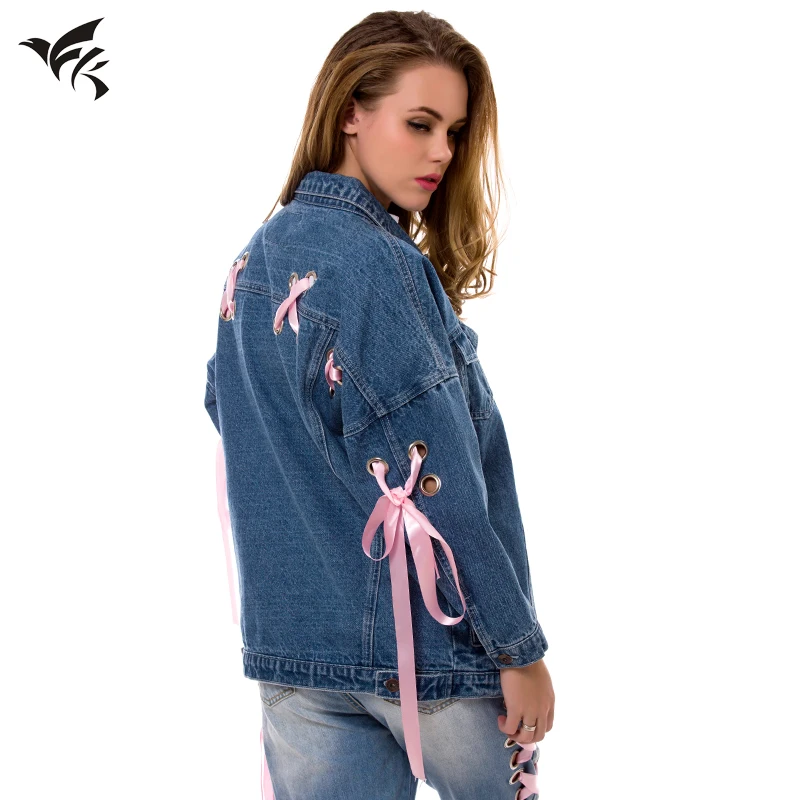 

Top Popular Spring Summer Ladies Boyfriend Fit Big Eyelet with Pink Ribbon Denim Jacket Solid Casual Cotton Jeans Jacket YK00027