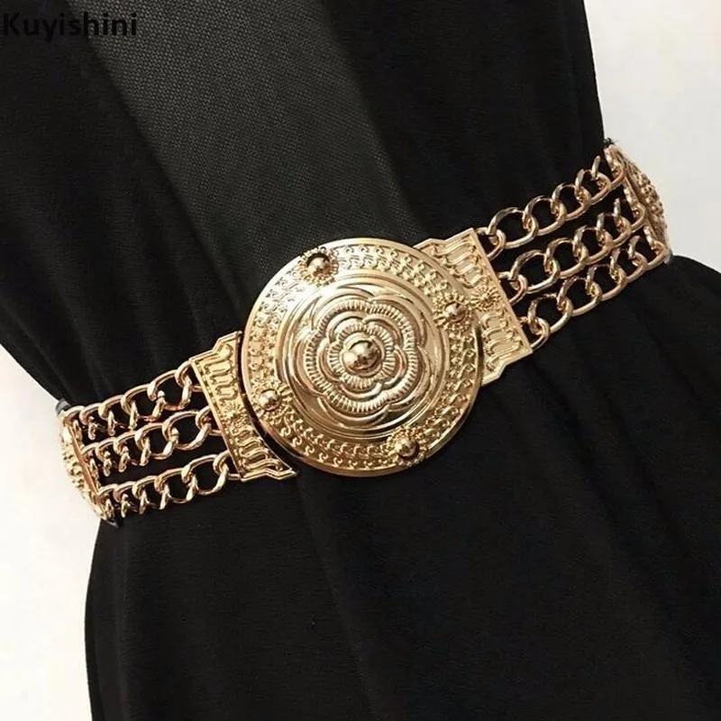 Fashion Gold Carved Flower Hollow Metal Chain Waist Belt for Women Dress Elastic Belts Wide