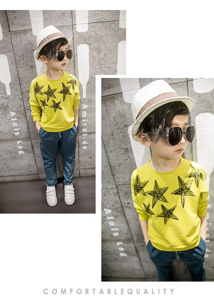 Осенний модный свитер для мальчиков детская футболка с длинным рукавом и принтом звезды Детская Хлопковая однотонная одежда с круглым вырезом