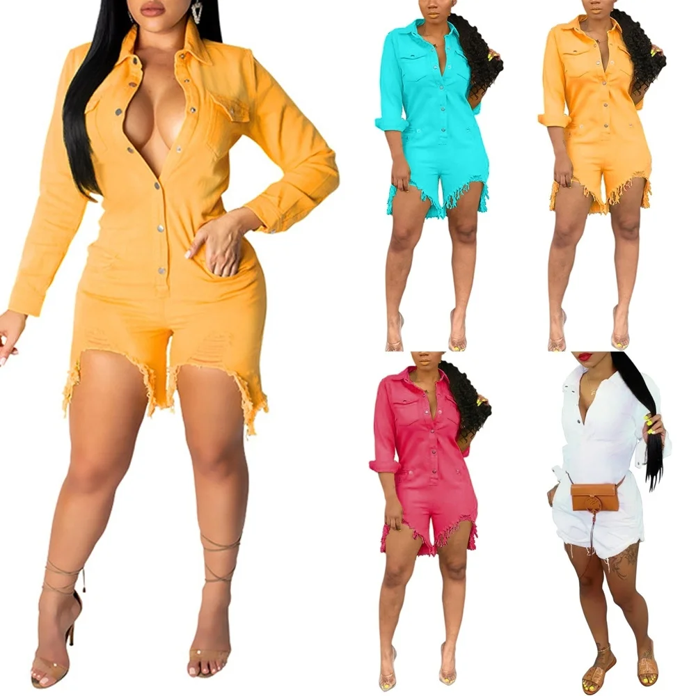 

Women's Fashion Slim Elastic Buttons Design Denim One-piece Romper Sexy Skinny Night Club Denim Jumpsuits for Women S-2XL