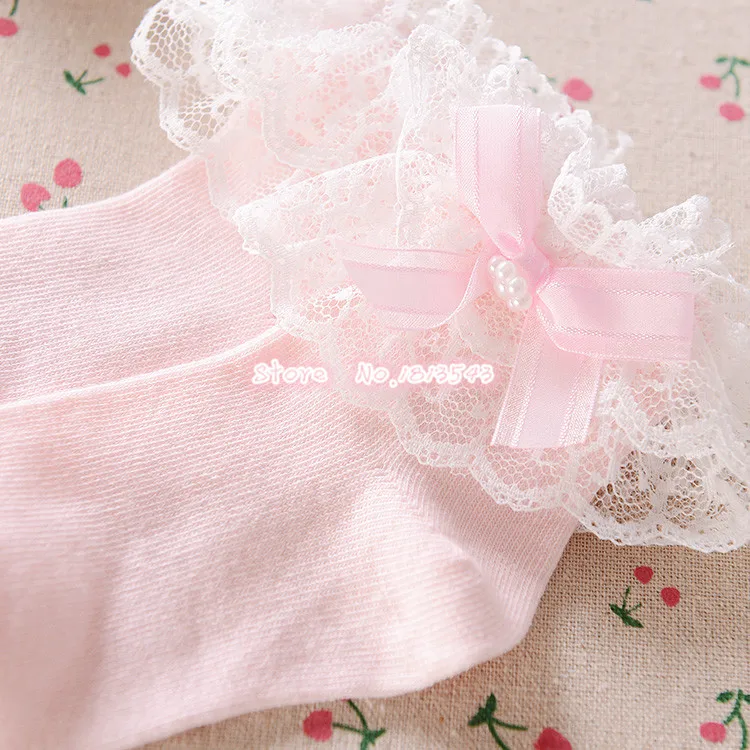 New children girls ribbon bow double lace socks with lttle pearl cute beautiful princess cotton socks 5 size S-M-L-XL-XXL