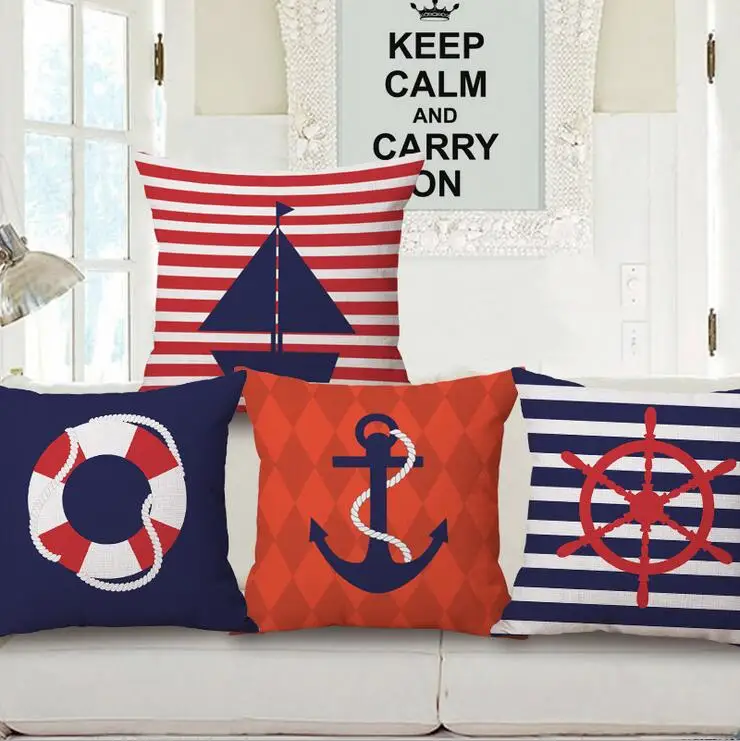 nautical anchor cushion cover striped boat throw pillow case sea blue