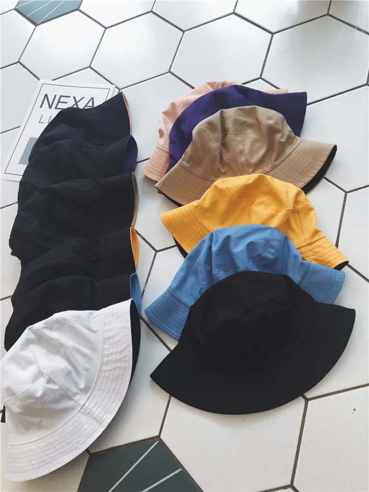 Новое поступление женские и мужские Разноцветные двухсторонние шляпы-ведерки женские мужские летние японские Простые солнцезащитные кепки желтые