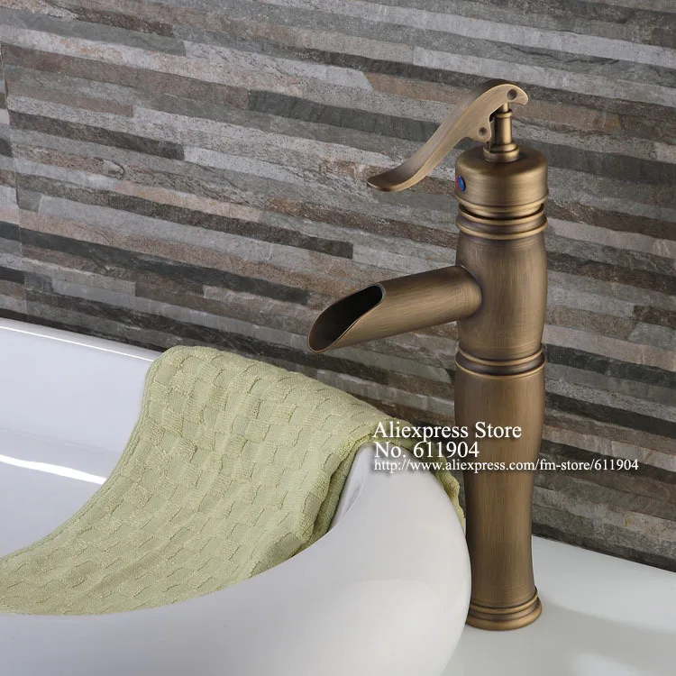 Antique Brass Water Pump Style Open Spout Bathroom Faucet Lavatory