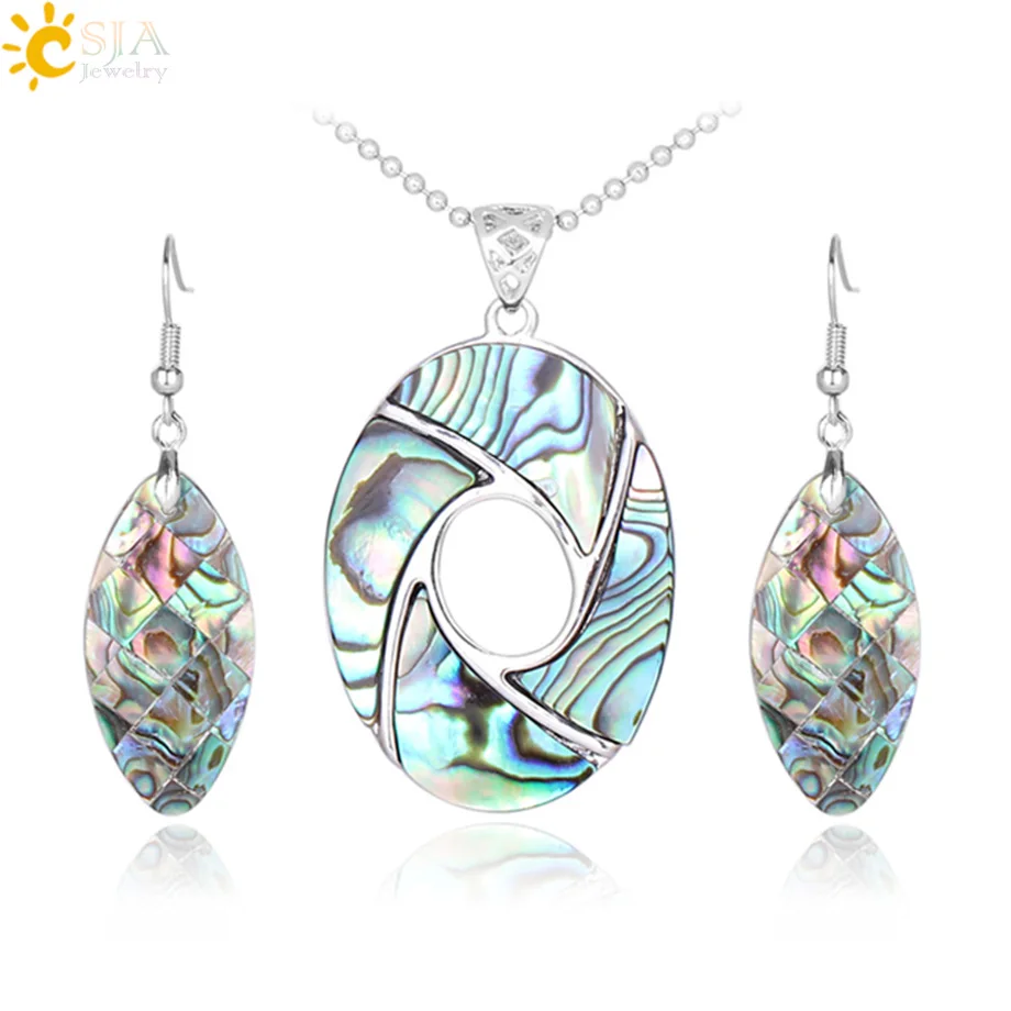 

CSJA Natural Seashell Jewelry Set Paua Abalone Shell Colorful Oval Bead Pendant Dangle Earrings Fashion Jewellery for Women F619