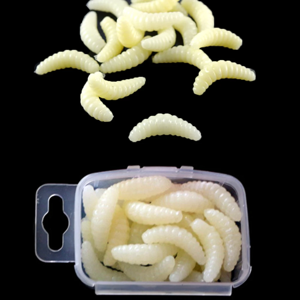 

30pcs/lot 2cm hand pole baits lifelike fishing lures soft bread bug worms Maggot bionic grub trout with box Fishing accessories