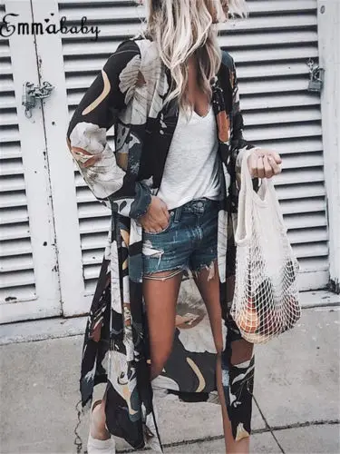 

Women's Floral Print Loose Shawl Kimono Blouse Long Cardigan Chiffon Coat Jacket