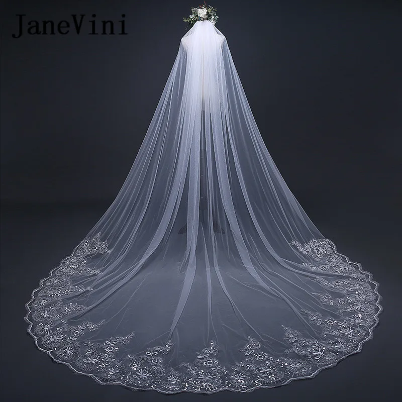 

JaneVini 2018 Wedding Veil Cathedral with Comb One Layer White/Ivory Bridal Veils Appliques Edge Tulle 3M Long Women Accessories